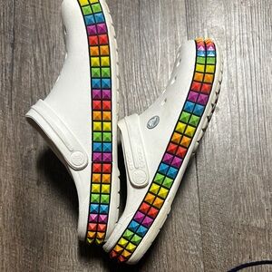 CROCS White Classic Clog with Rainbow Spike Trim